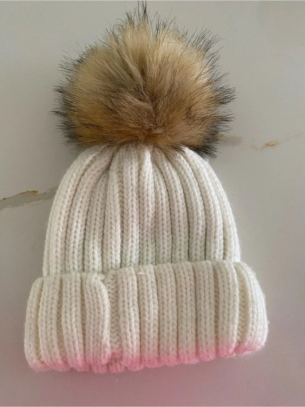 Chunky Cream Knit Beanie with Faux Fur Pom